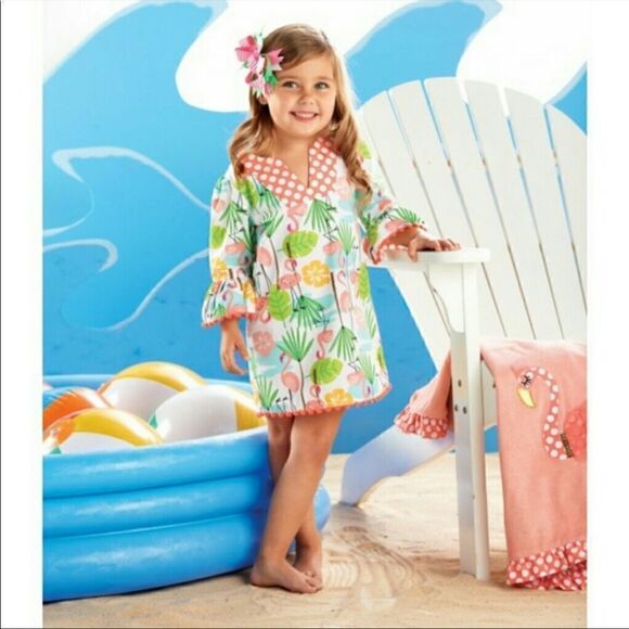 MUD PIE FLAMINGO TROPICAL CAFTAN POM POM TRIM 5T - Picture 1 of 11